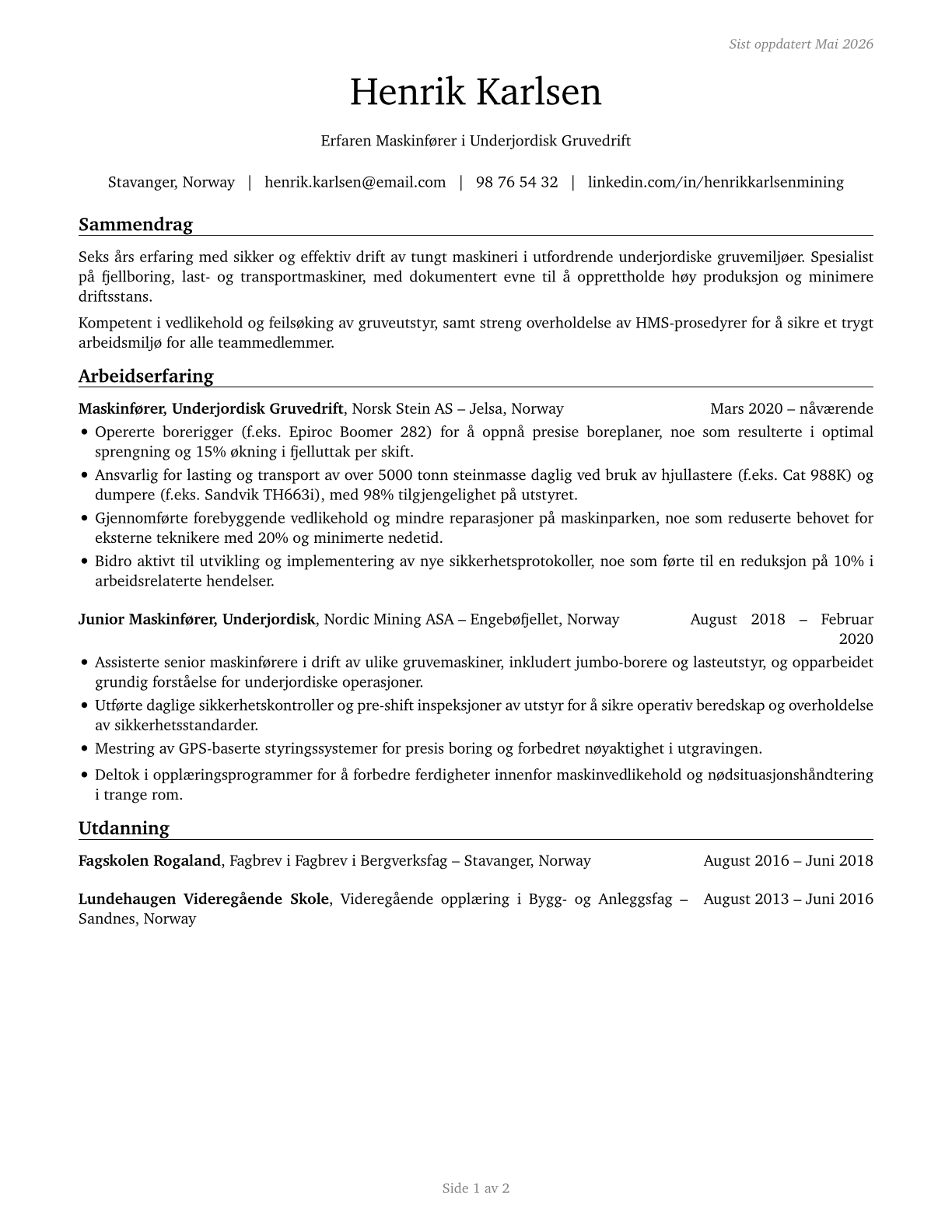 Underground Mining Machine Operators, All Other CV in Norwegian_bokmal — page 1