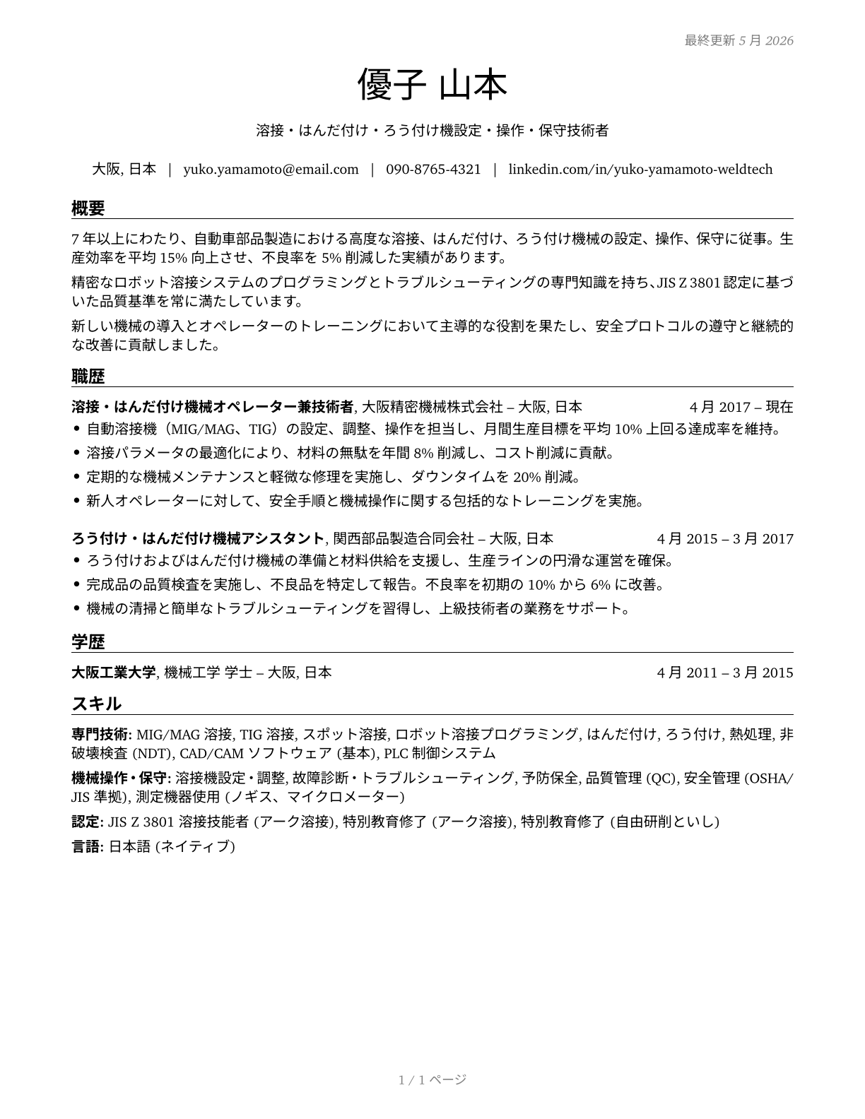 Welding, Soldering, and Brazing Machine Setters, Operators, and Tenders CV in Japanese — page 1