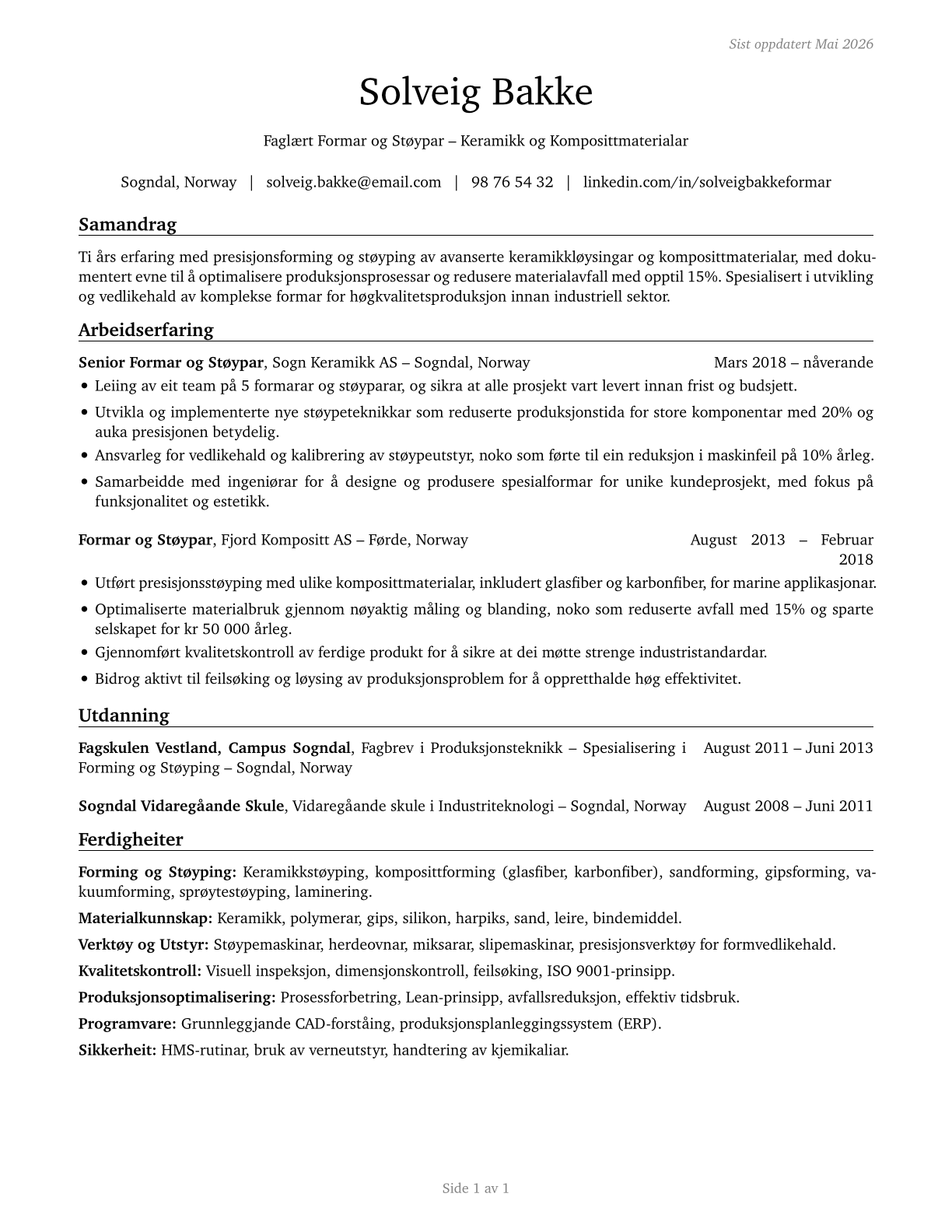 Molders, Shapers, and Casters, Except Metal and Plastic CV in Norwegian_nynorsk — page 1