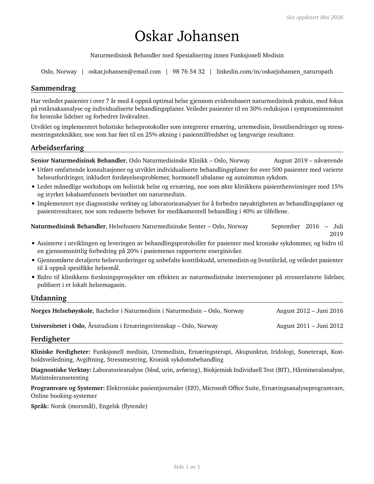Naturopathic Physicians CV in Norwegian_bokmal — page 1