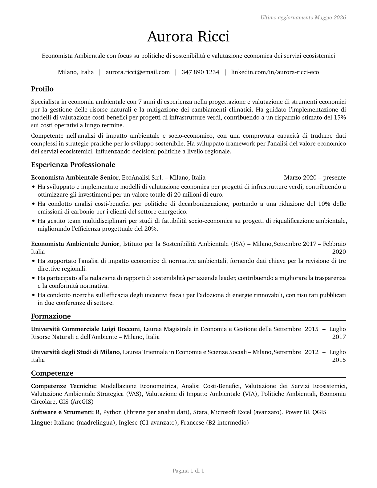 Environmental Economists CV in Italian — page 1
