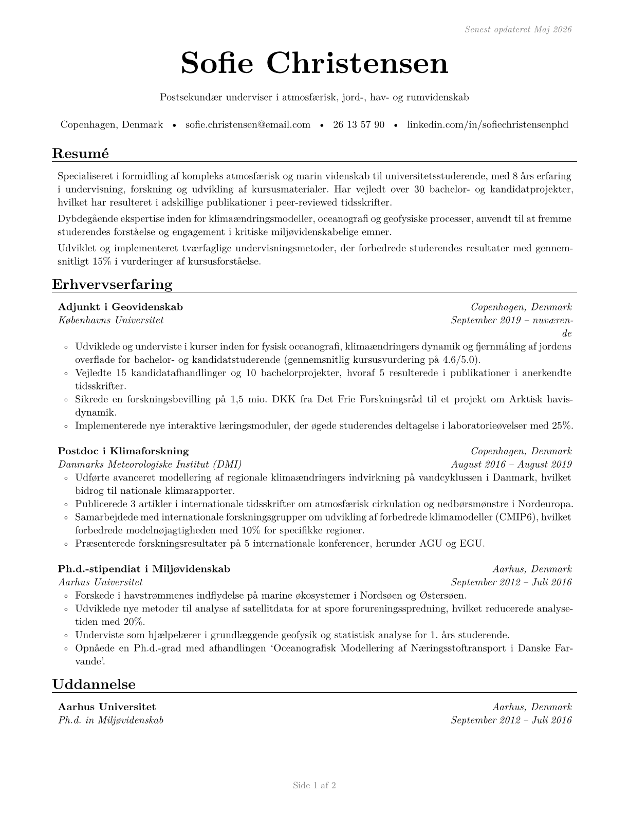 Atmospheric, Earth, Marine, and Space Sciences Teachers, Postsecondary CV in Danish — page 1