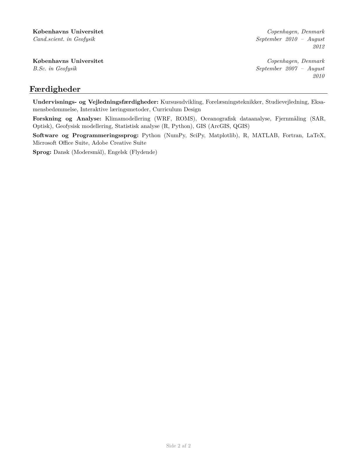 Atmospheric, Earth, Marine, and Space Sciences Teachers, Postsecondary CV in Danish — page 2