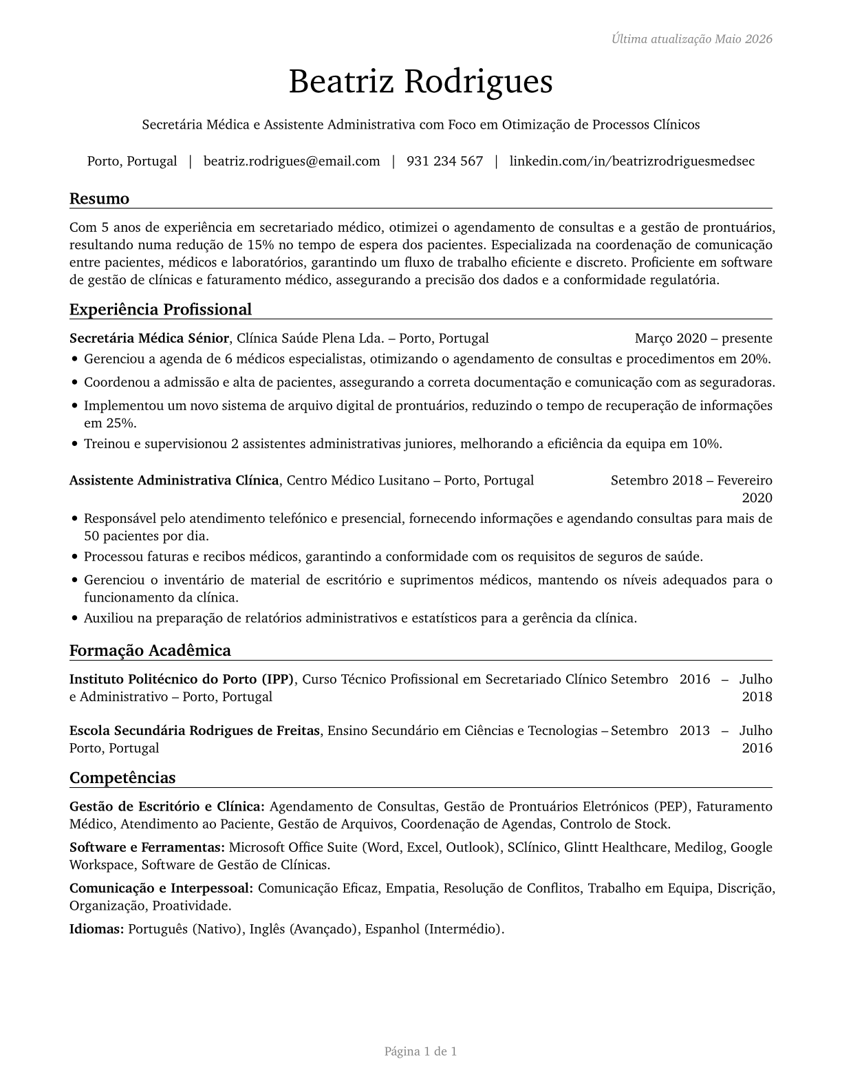 Medical Secretaries and Administrative Assistants CV in Portuguese — page 1