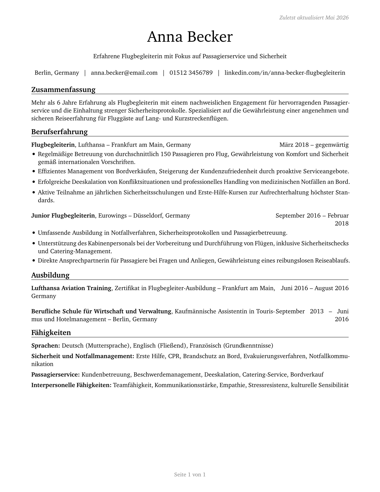 Passenger Attendants CV in German — page 1