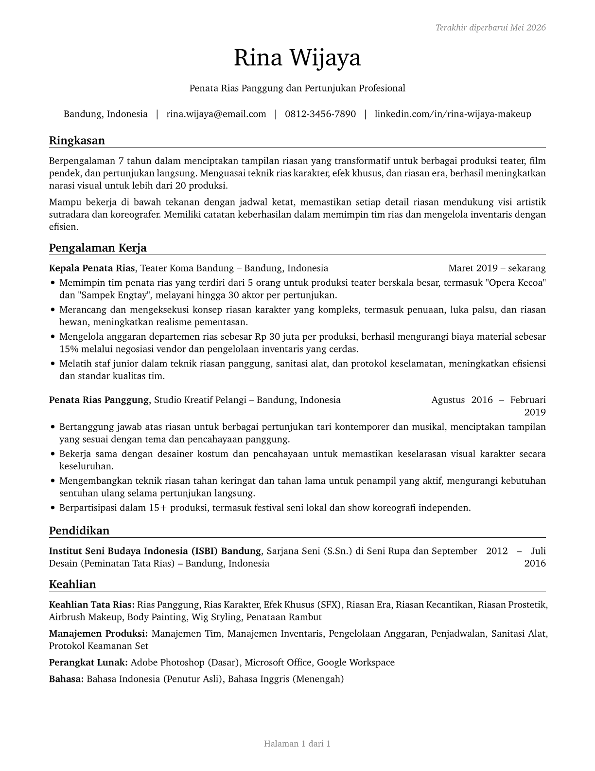 Makeup Artists, Theatrical and Performance CV in Indonesian — page 1