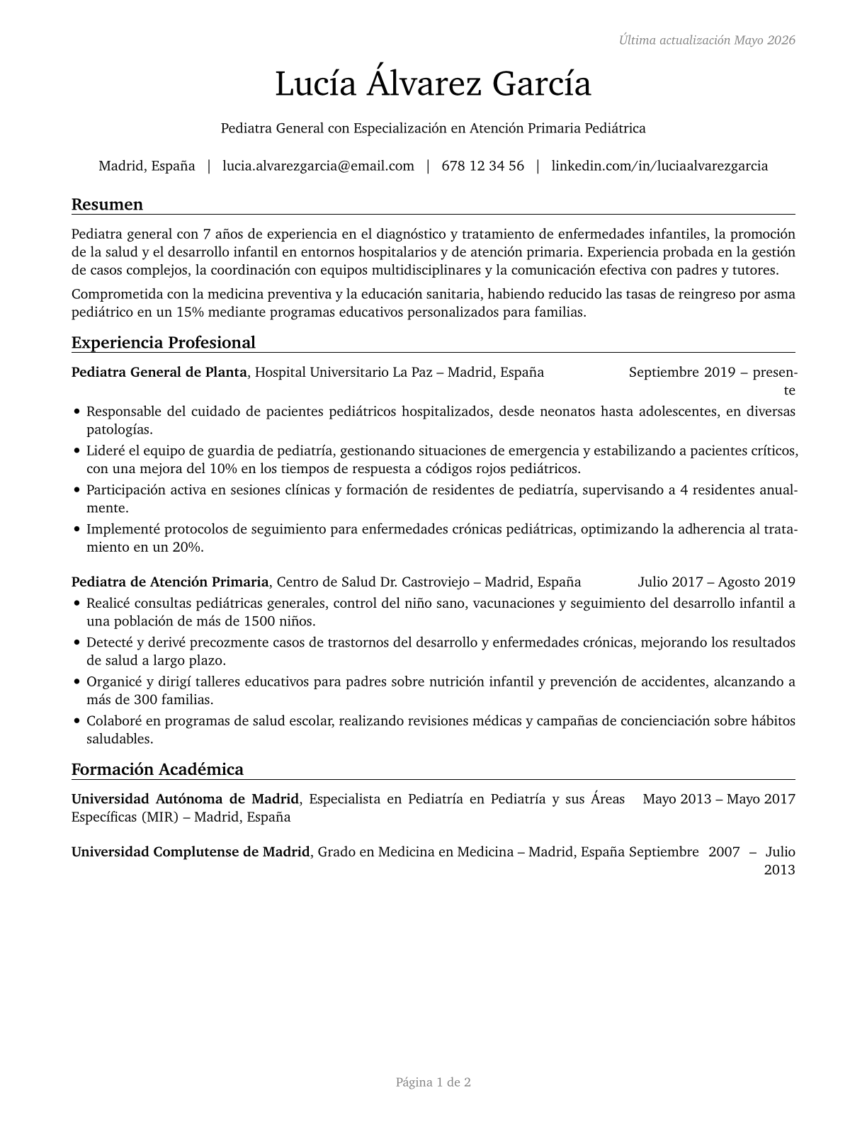 Pediatricians, General CV in Spanish — page 1
