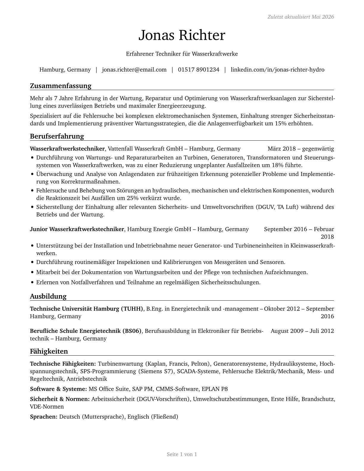Hydroelectric Plant Technicians CV in German — page 1