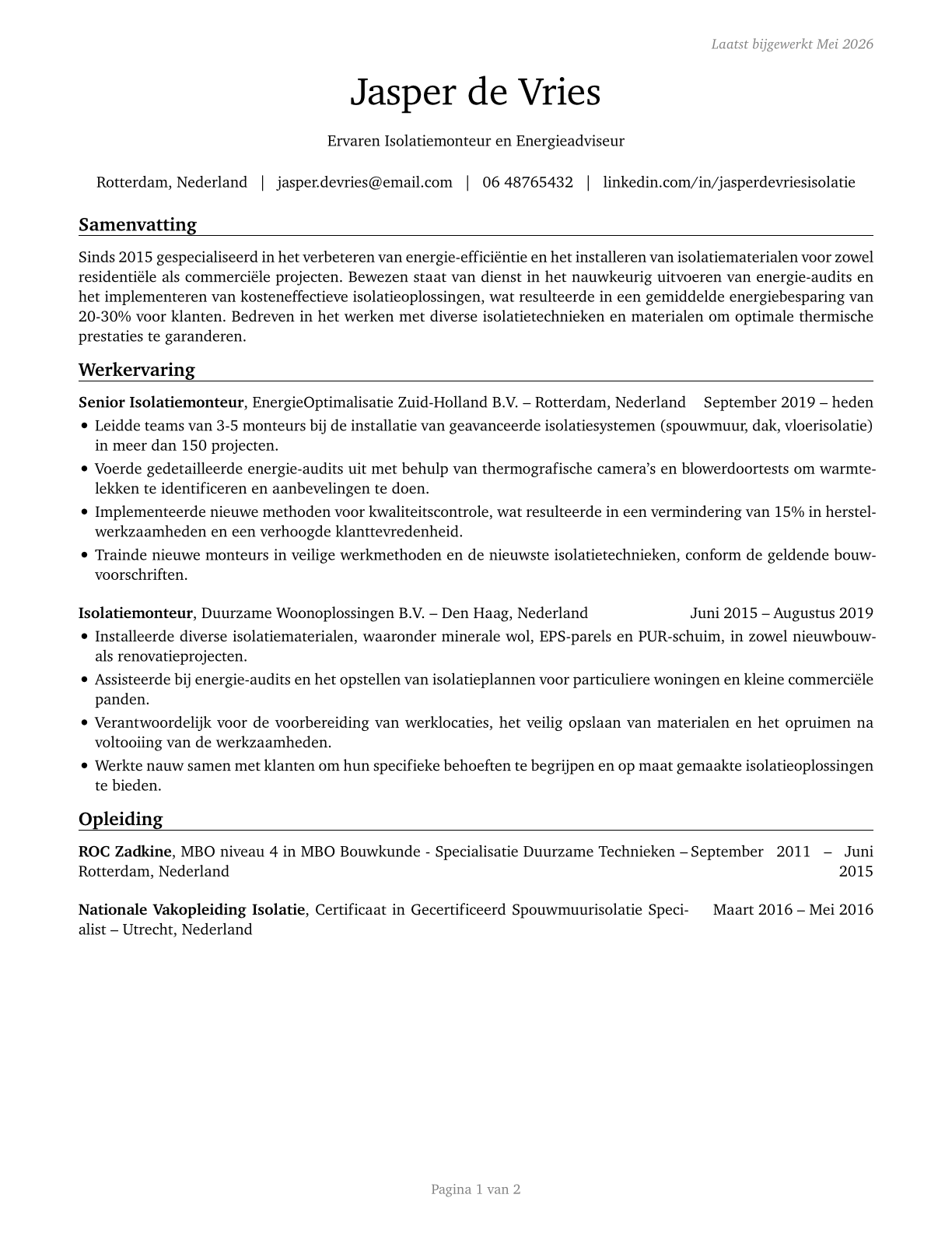 Weatherization Installers and Technicians CV in Dutch — page 1