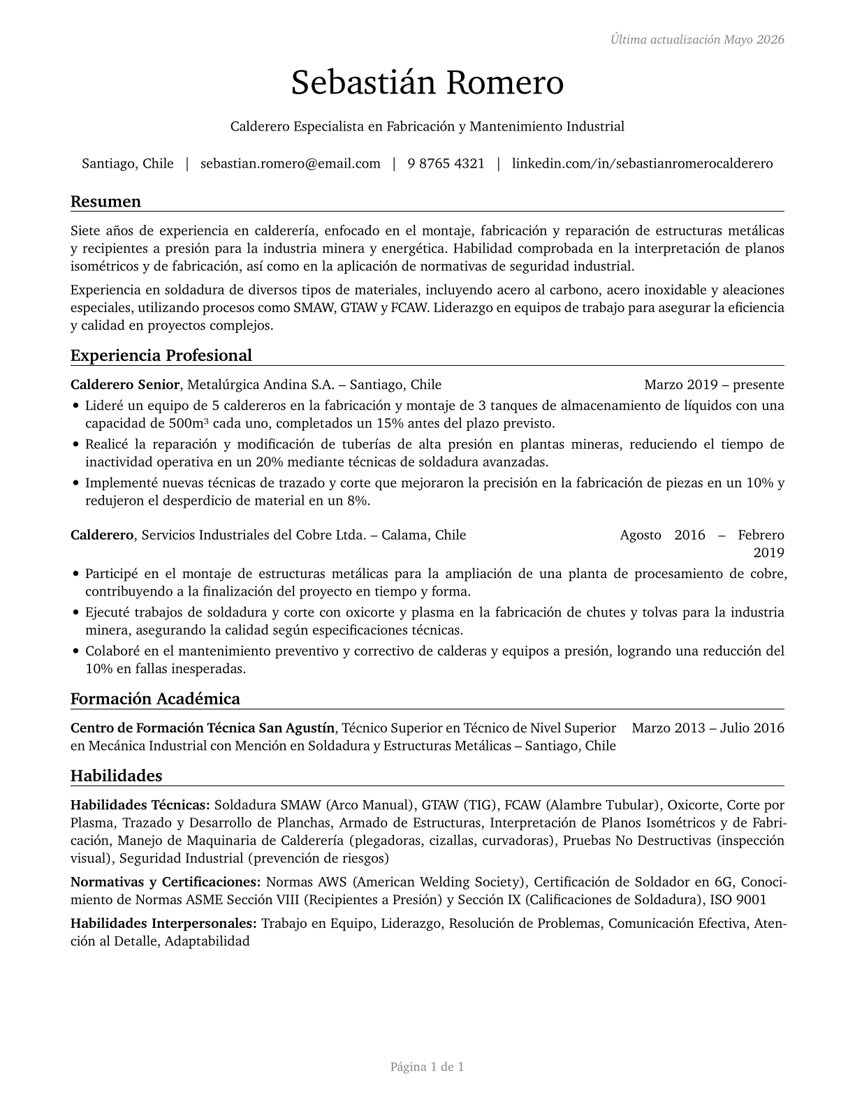 Boilermakers CV in Spanish — page 1