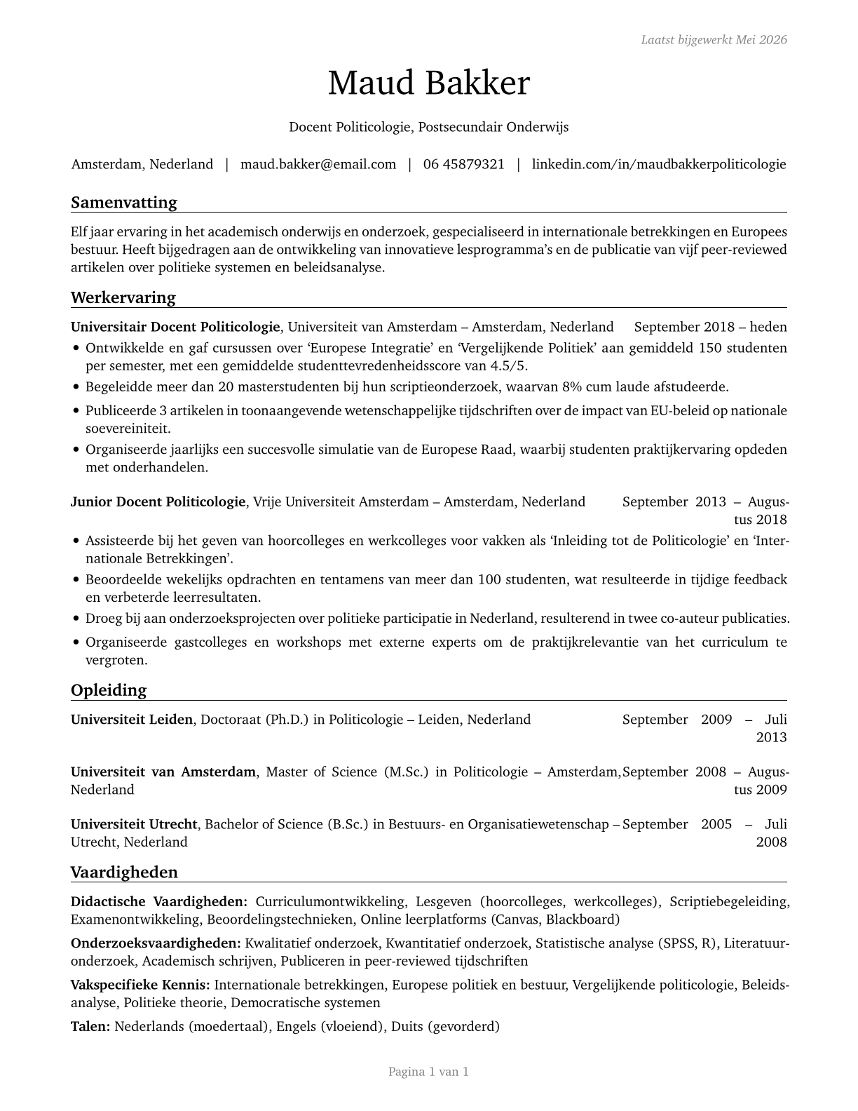 Political Science Teachers, Postsecondary CV in Dutch — page 1