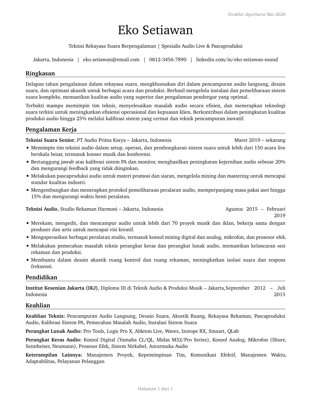 Sound Engineering Technicians CV in Indonesian — page 1