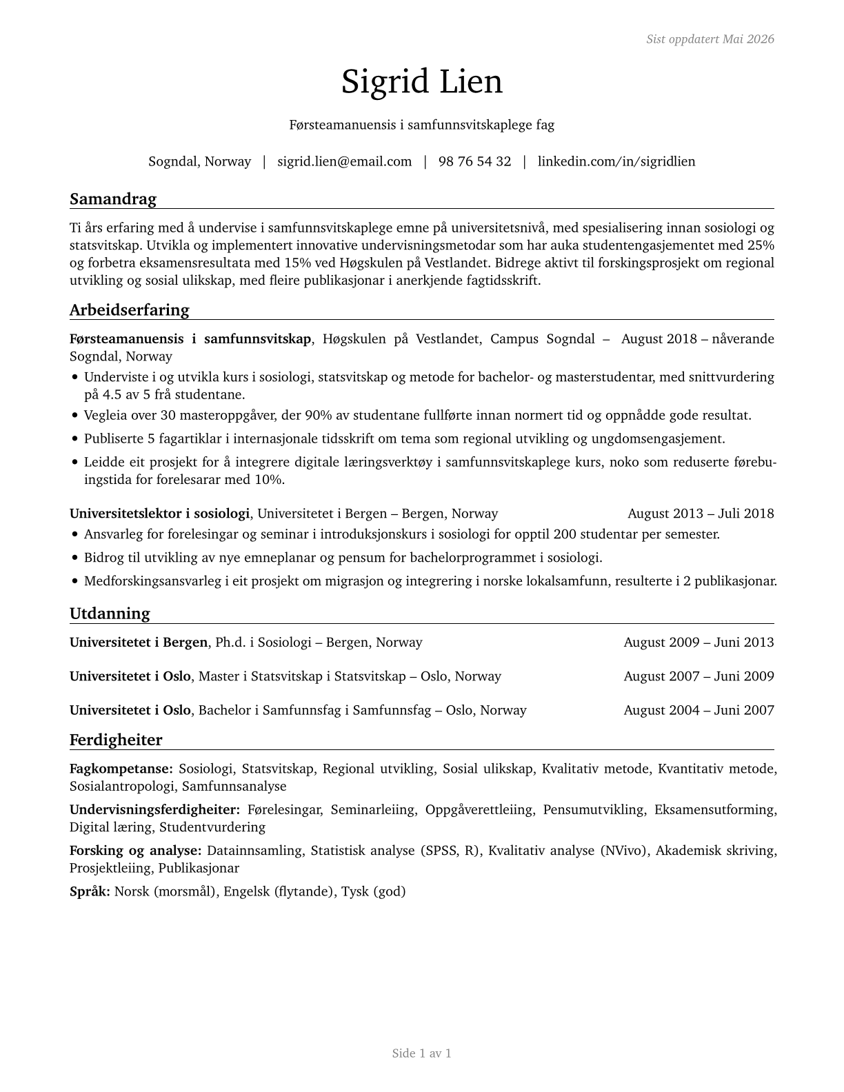 Social Sciences Teachers, Postsecondary, All Other CV in Norwegian_nynorsk — page 1