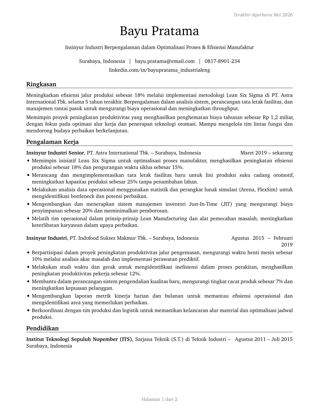 Industrial Engineers CV in Indonesian — page 1