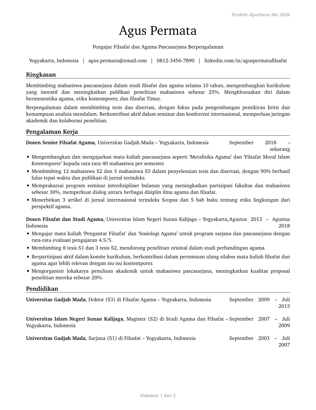 Philosophy and Religion Teachers, Postsecondary CV in Indonesian — page 1