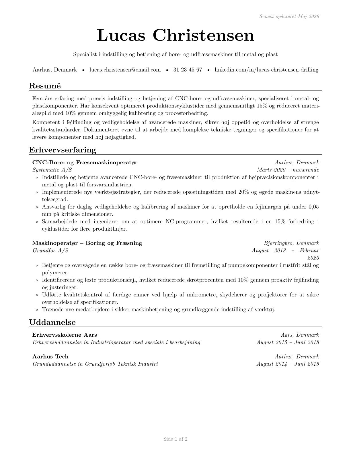Drilling and Boring Machine Tool Setters, Operators, and Tenders, Metal and Plastic CV in Danish — page 1