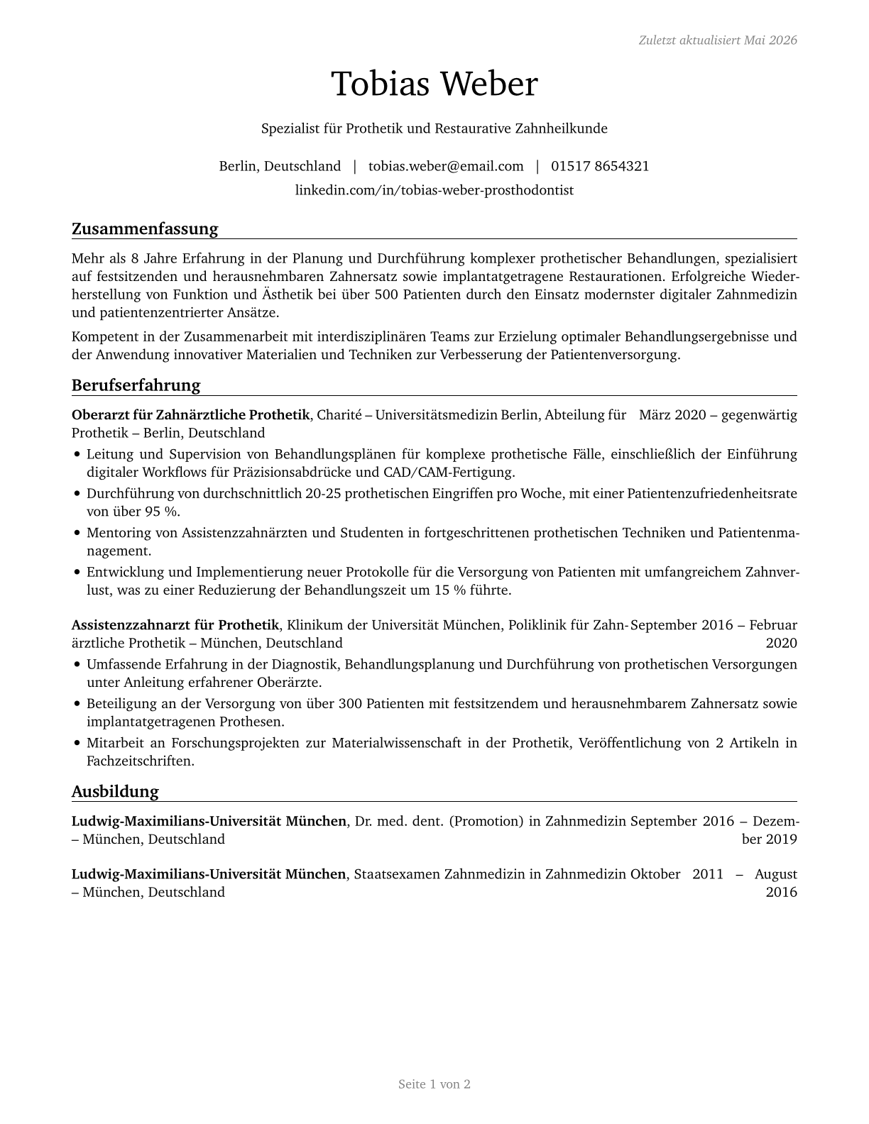 Prosthodontists CV in German — page 1