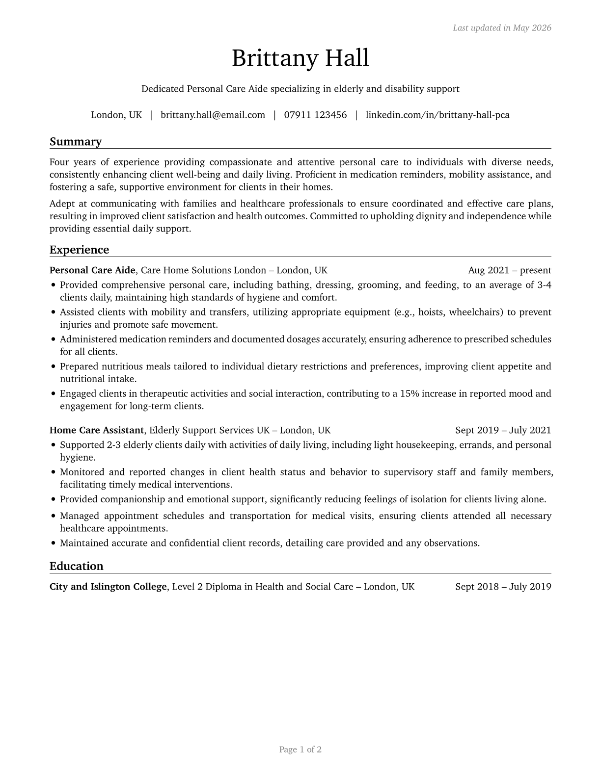 Personal Care Aides CV in English — page 1