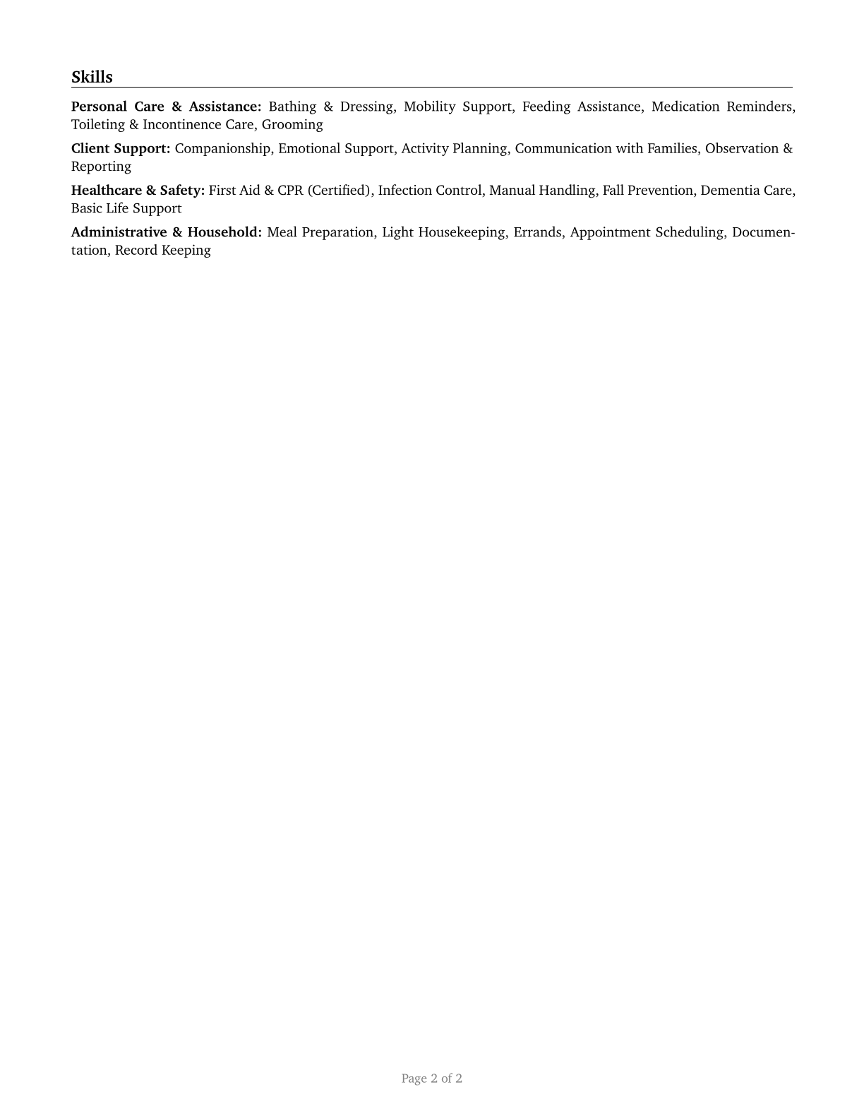 Personal Care Aides CV in English — page 2