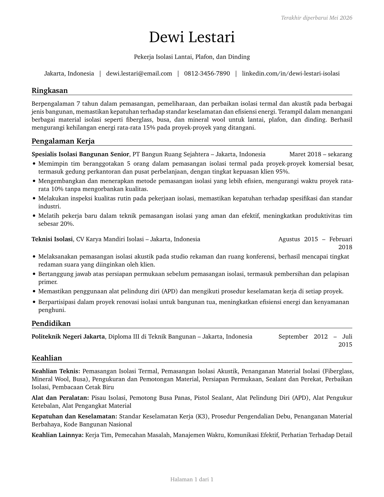 Insulation Workers, Floor, Ceiling, and Wall CV in Indonesian — page 1
