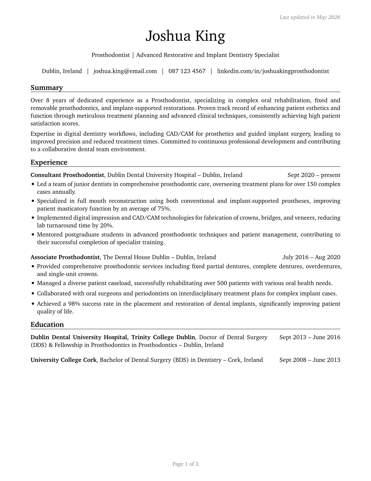 Prosthodontists CV in English — page 1
