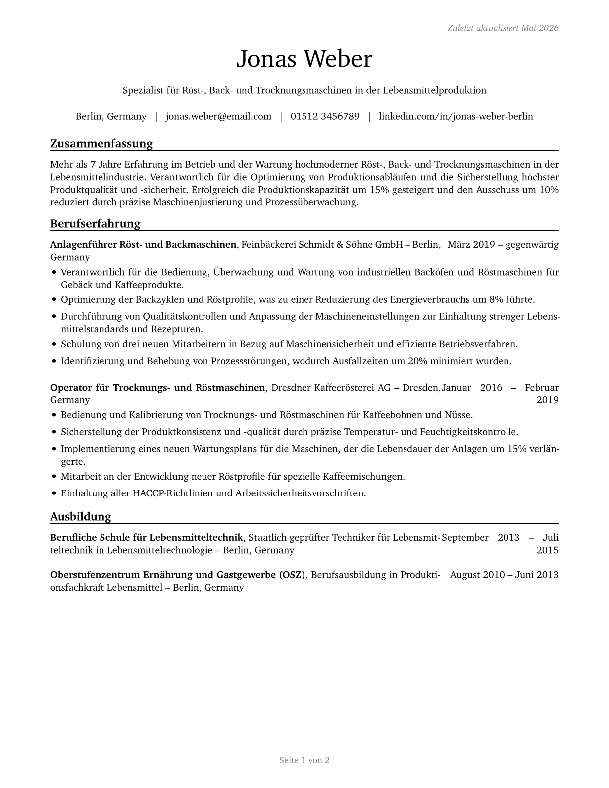 Food and Tobacco Roasting, Baking, and Drying Machine Operators and Tenders CV in German — page 1