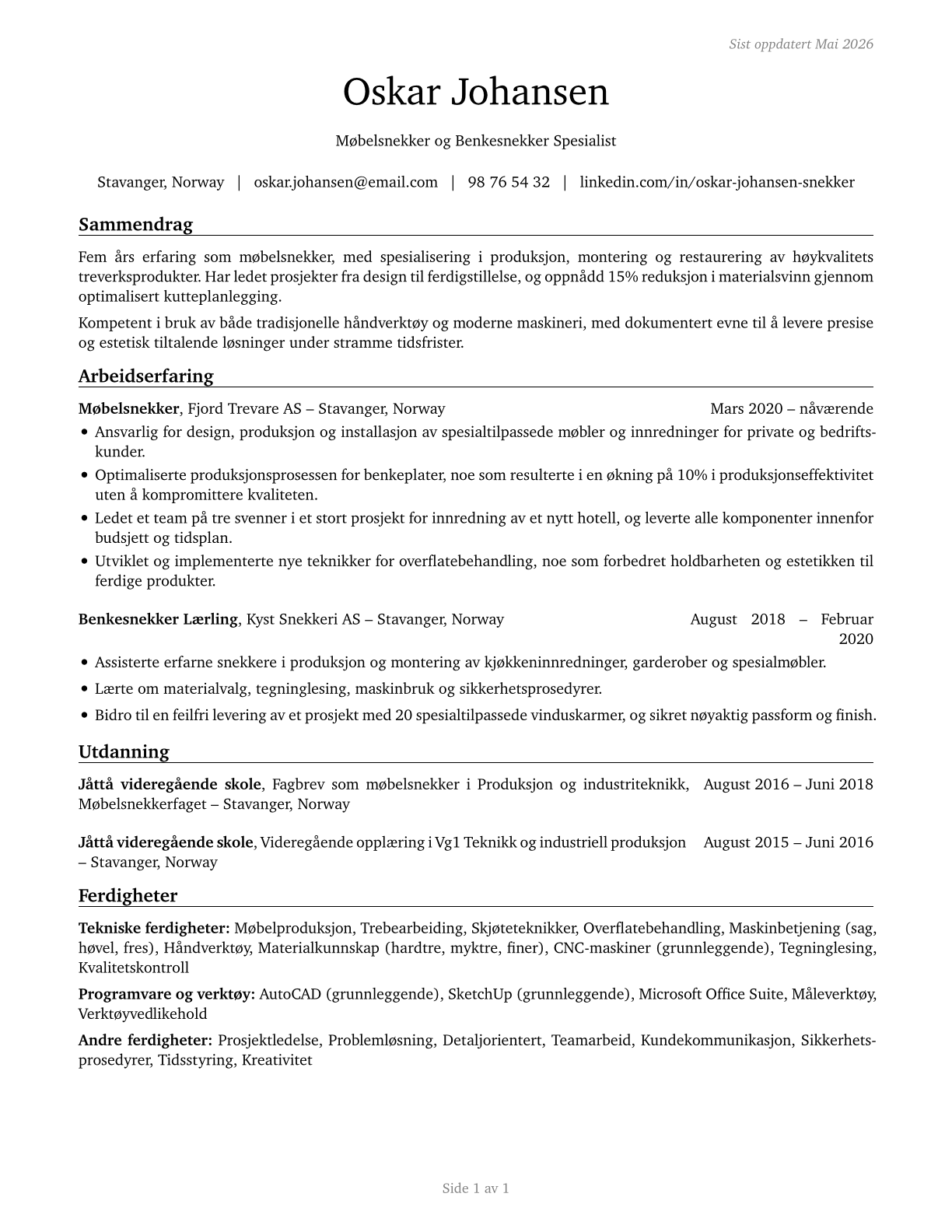 Cabinetmakers and Bench Carpenters CV in Norwegian_bokmal — page 1