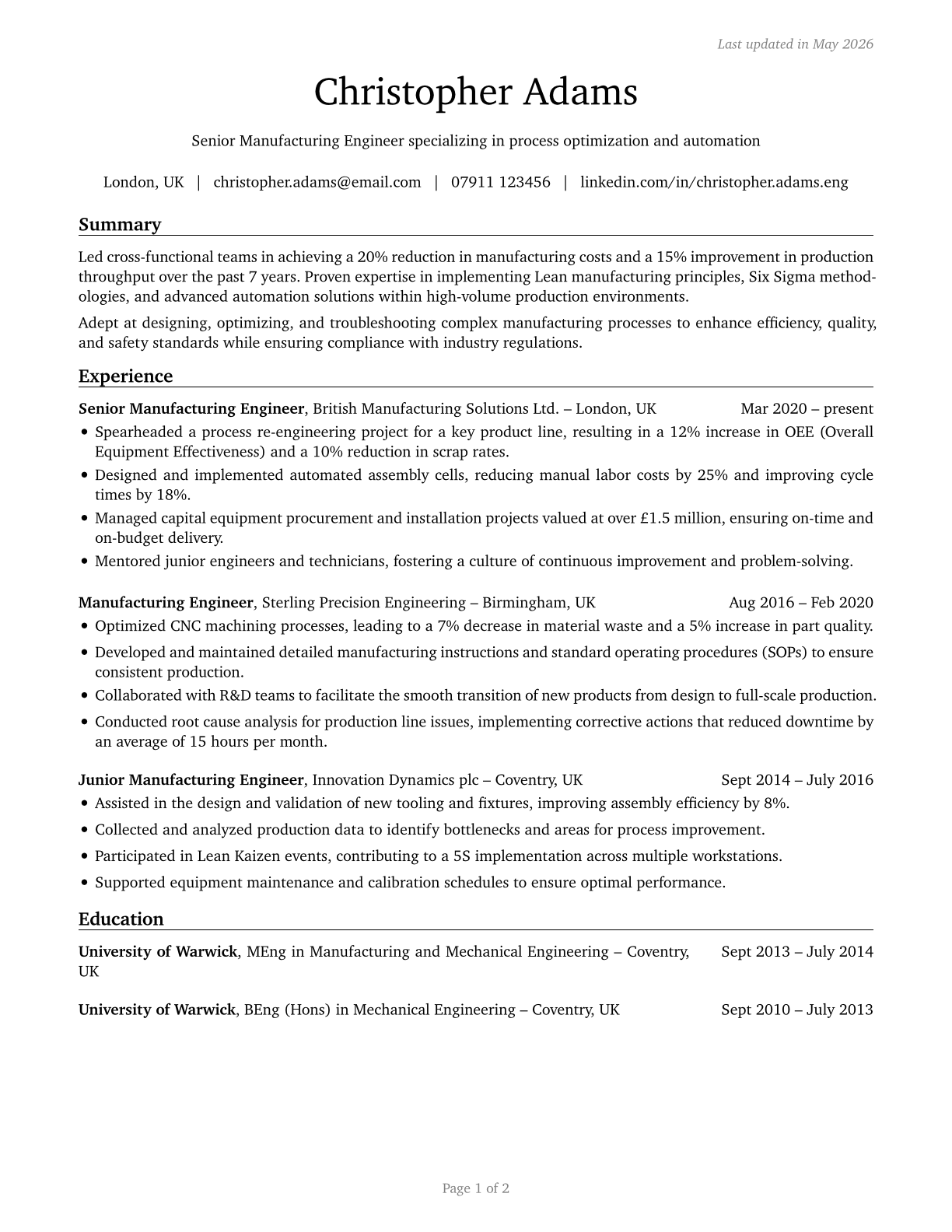 Manufacturing Engineers CV in English — page 1