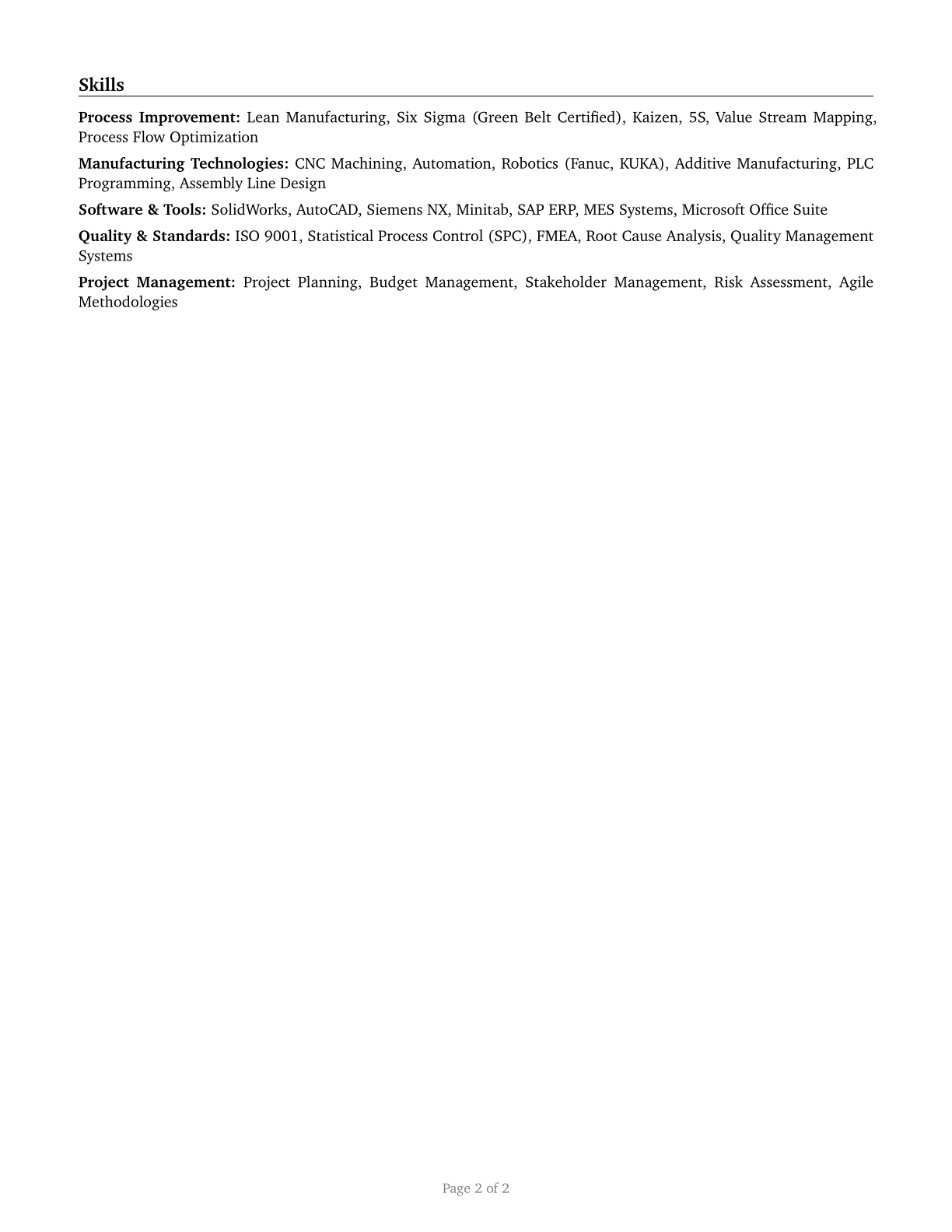 Manufacturing Engineers CV in English — page 2