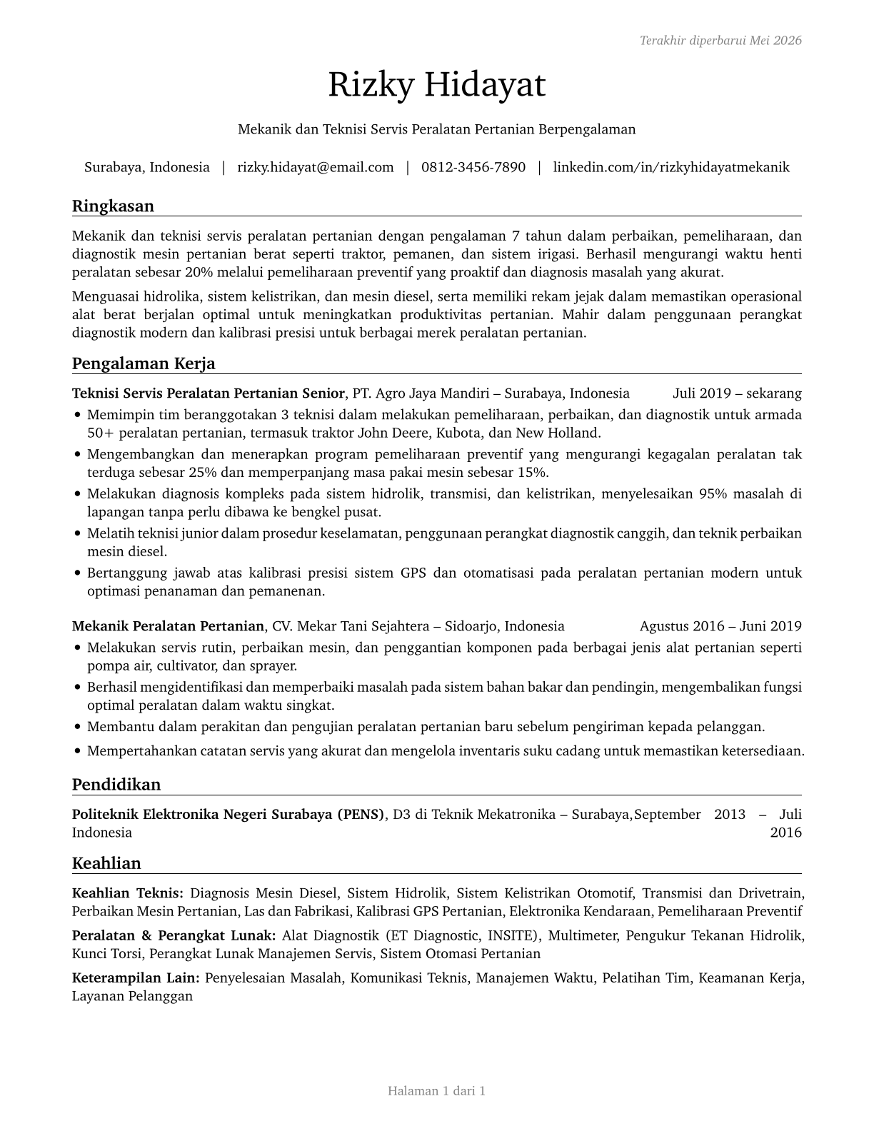 Farm Equipment Mechanics and Service Technicians CV in Indonesian — page 1