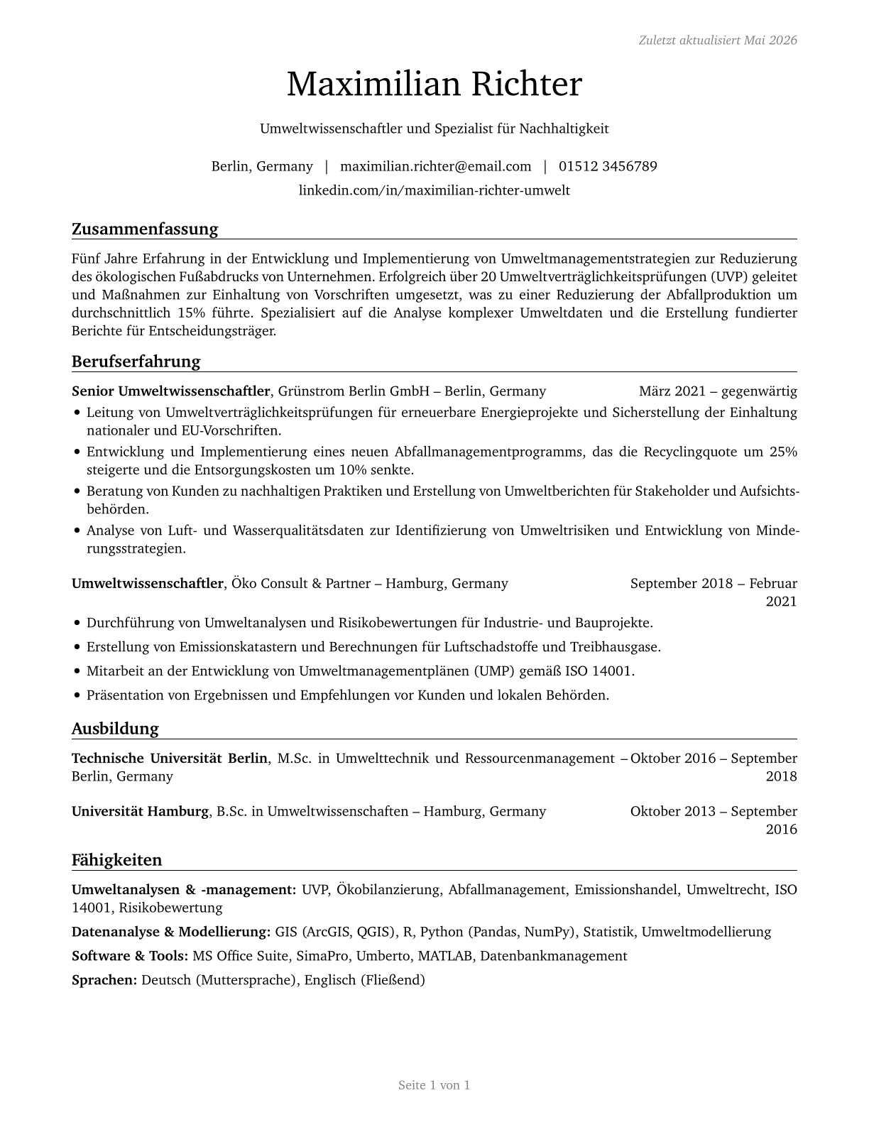 Environmental Scientists and Specialists, Including Health CV in German — page 1