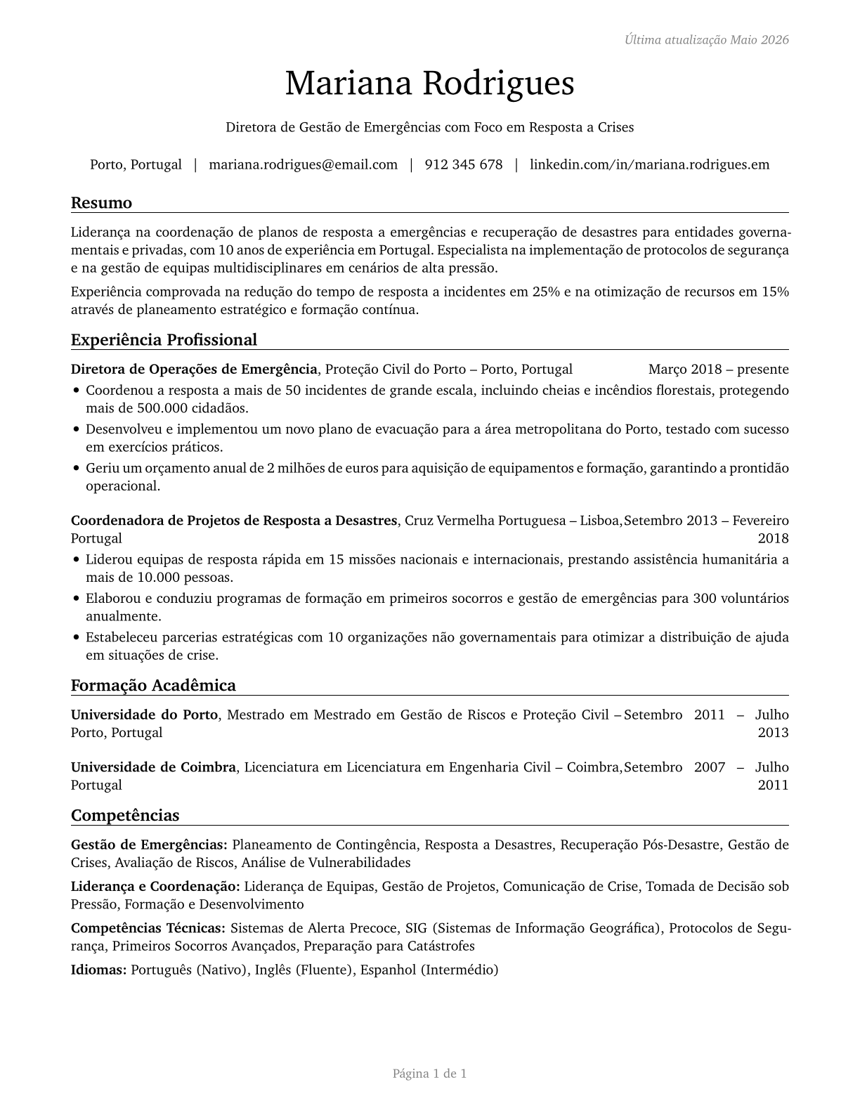 Emergency Management Directors CV in Portuguese — page 1
