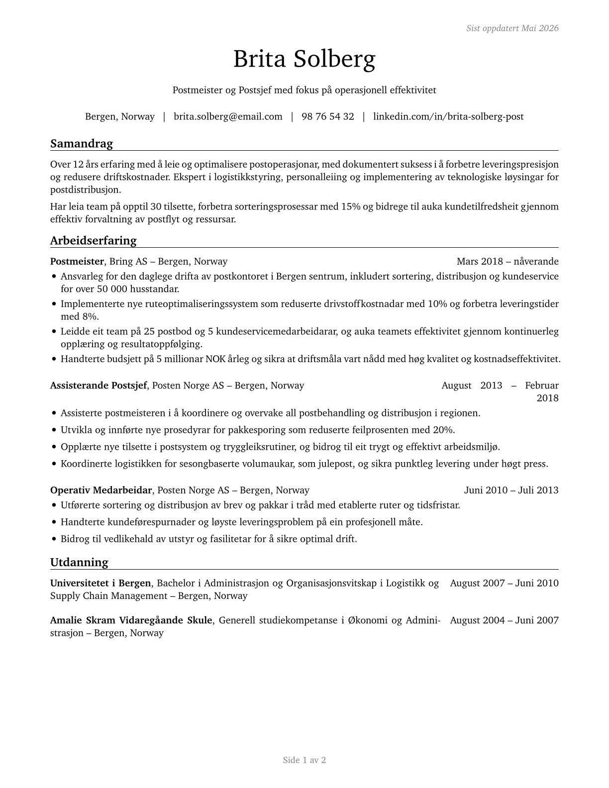 Postmasters and Mail Superintendents CV in Norwegian_nynorsk — page 1