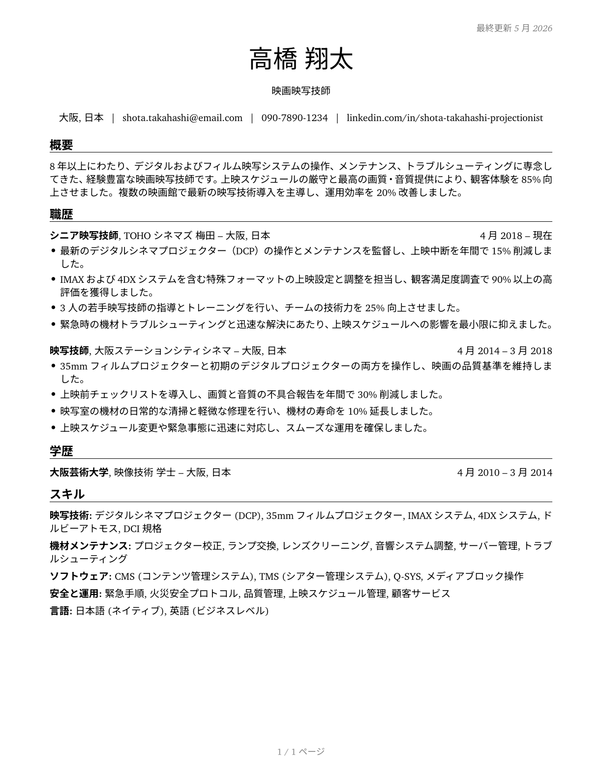 Motion Picture Projectionists CV in Japanese — page 1