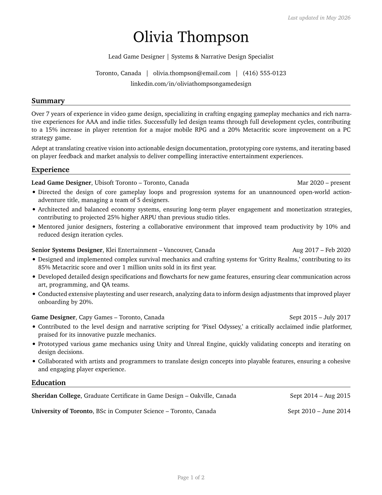Video Game Designers CV in English — page 1