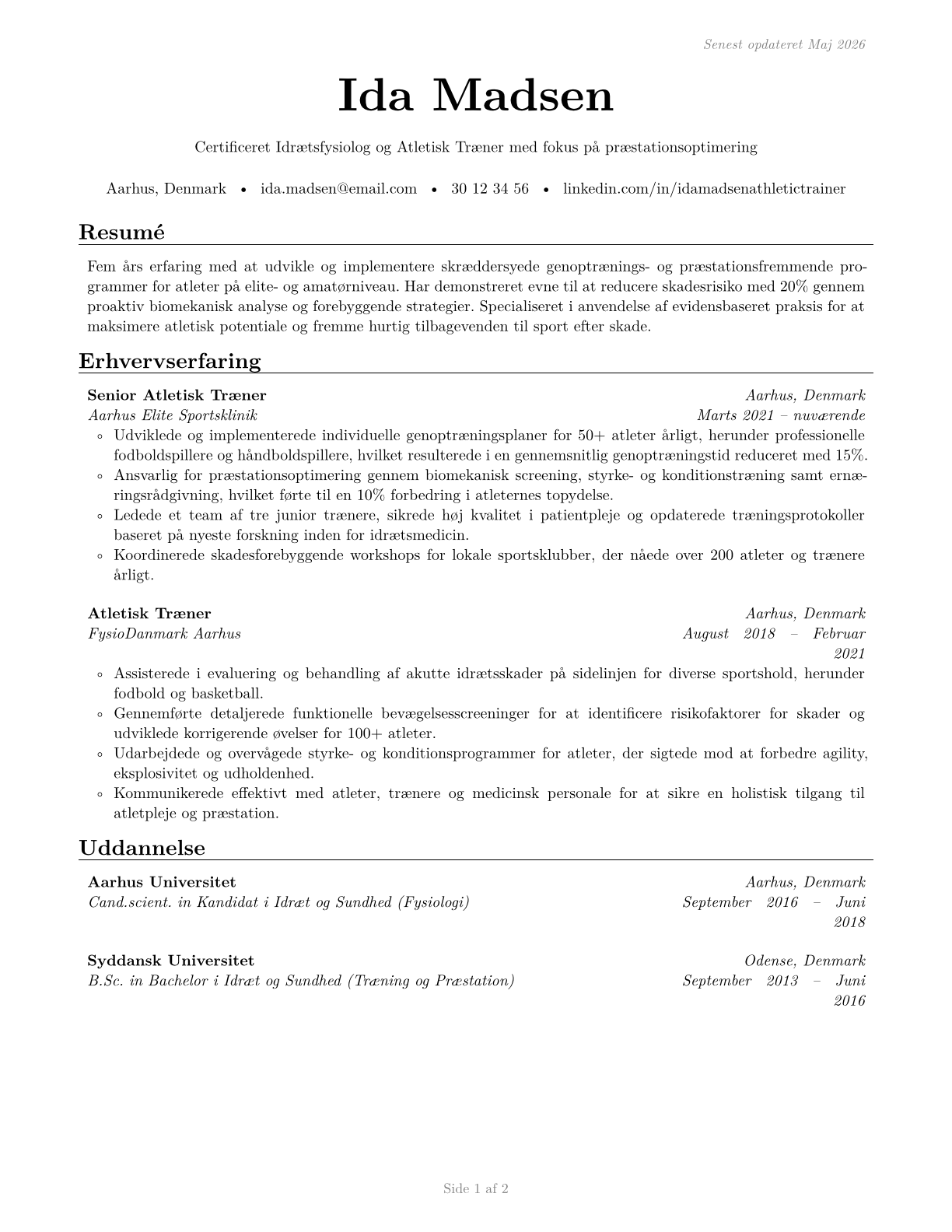 Athletic Trainers CV in Danish — page 1
