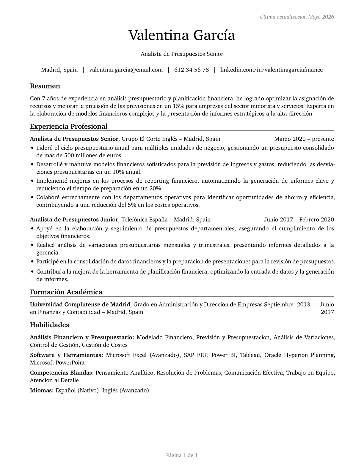 Budget Analysts CV in Spanish — page 1