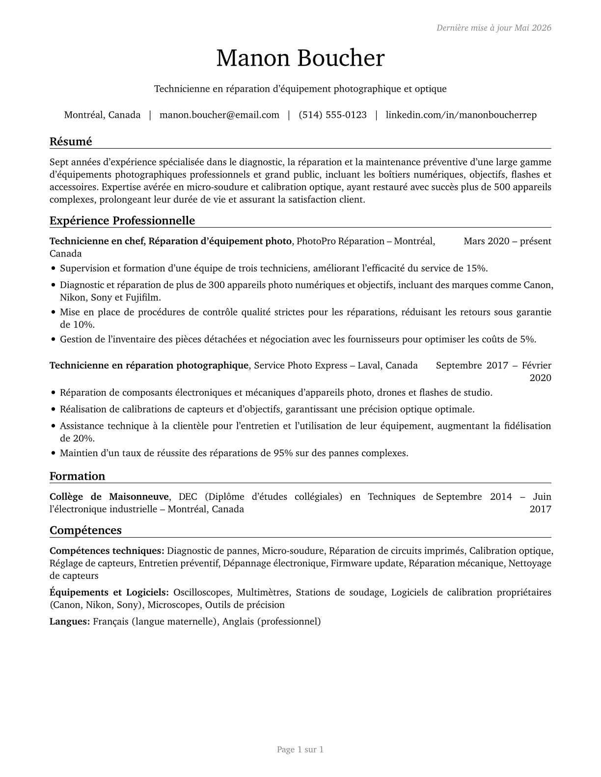 Camera and Photographic Equipment Repairers CV in French — page 1
