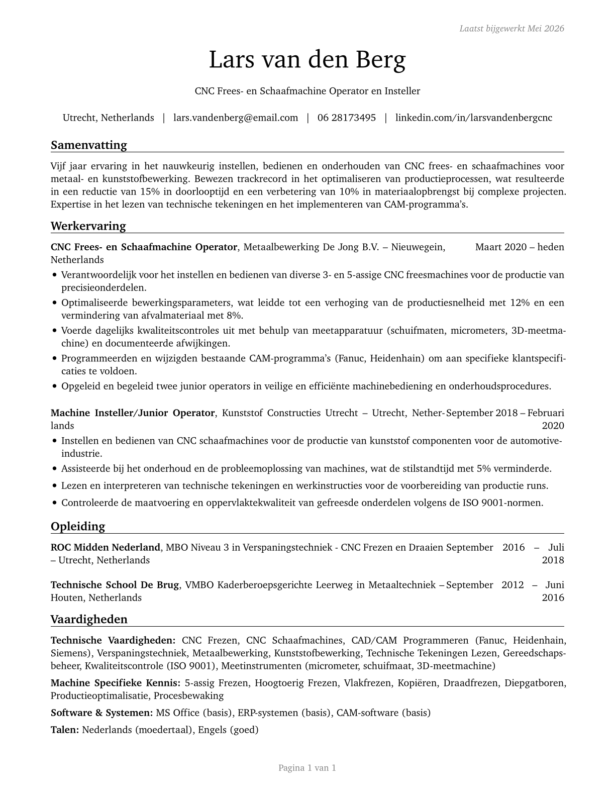 Milling and Planing Machine Setters, Operators, and Tenders, Metal and Plastic CV in Dutch — page 1