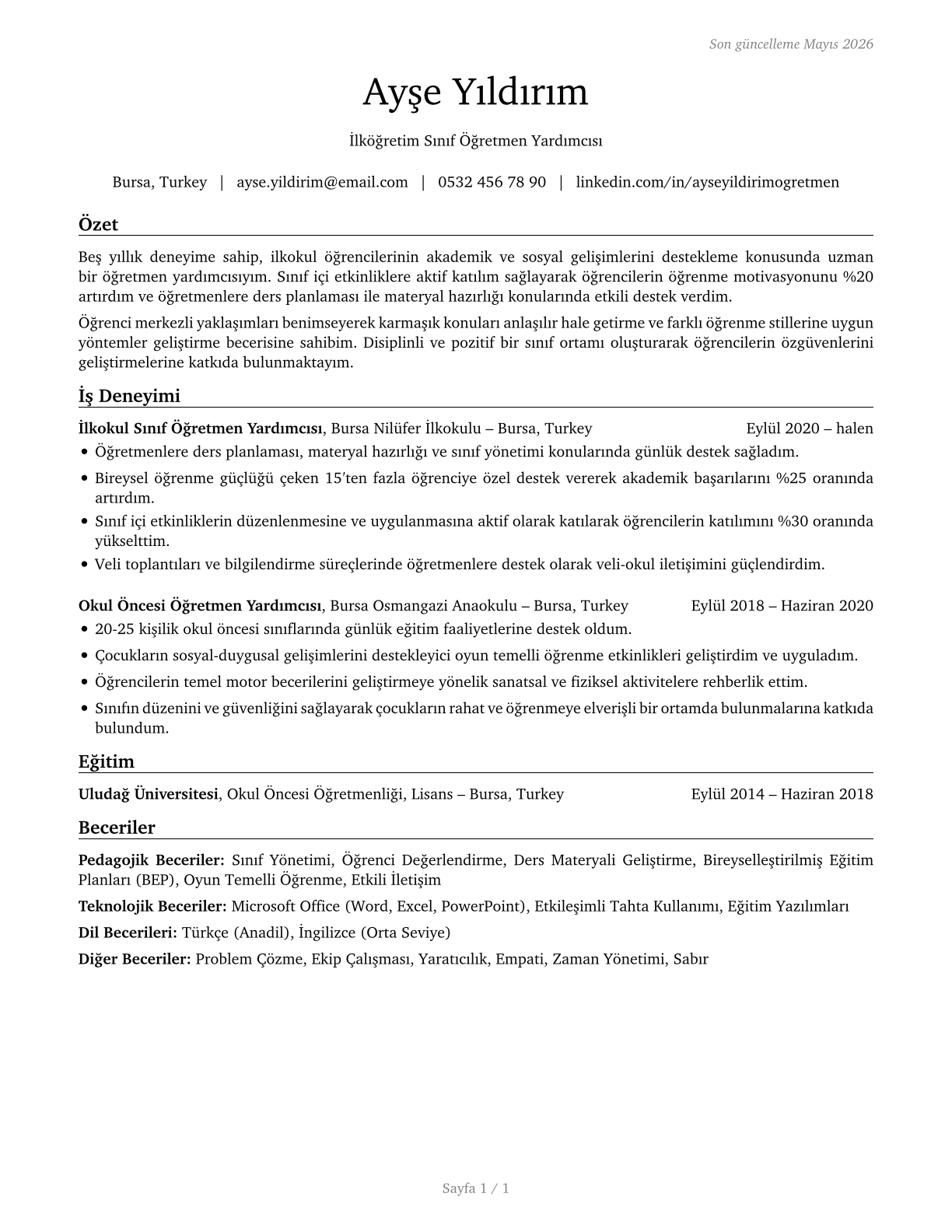 Teaching Assistants, Preschool, Elementary, Middle, and Secondary School, Except Special Education CV in Turkish — page 1