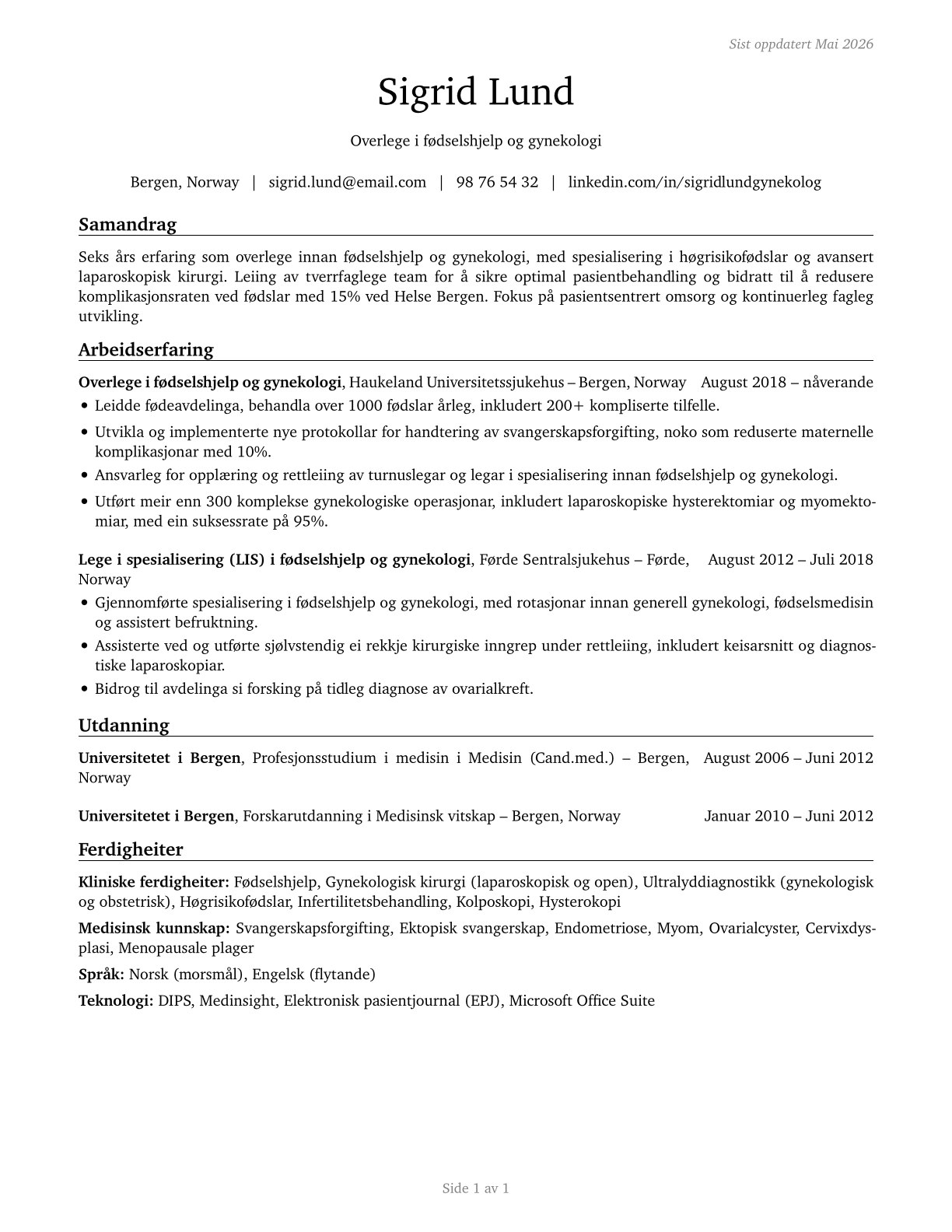 Obstetricians and Gynecologists CV in Norwegian_nynorsk — page 1