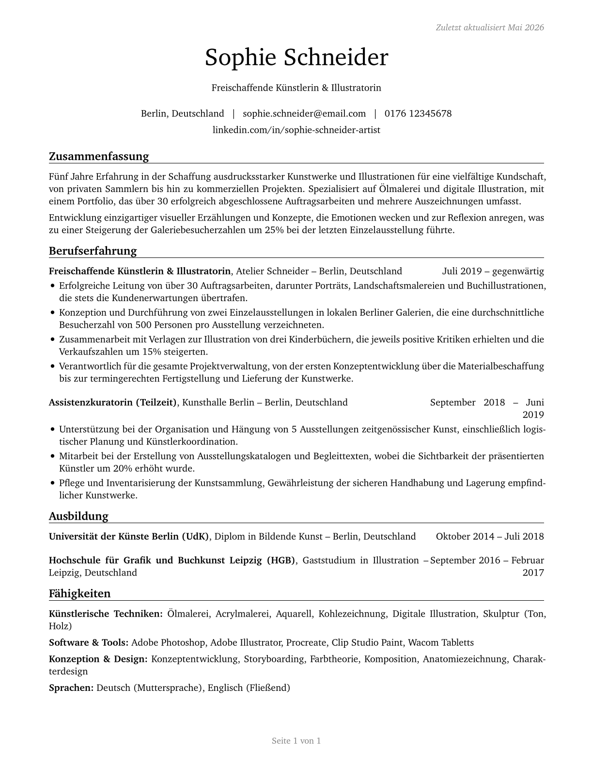 Fine Artists, Including Painters, Sculptors, and Illustrators CV in German — page 1