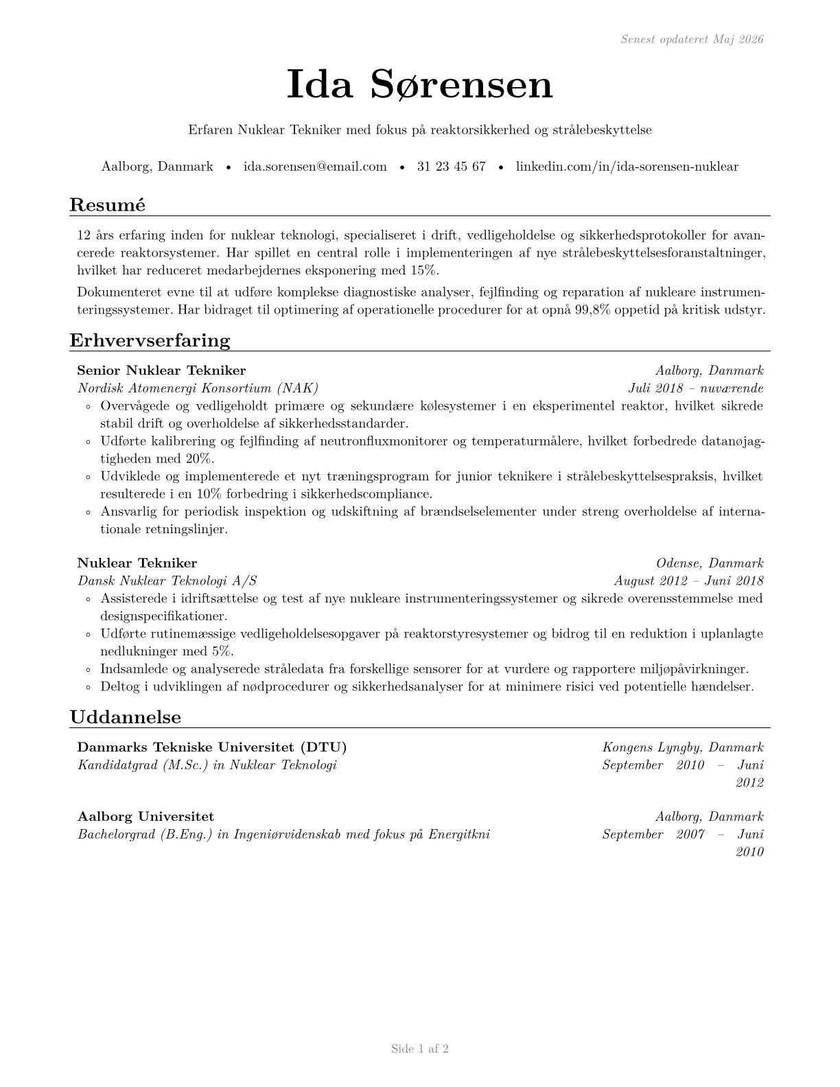 Nuclear Technicians CV in Danish — page 1