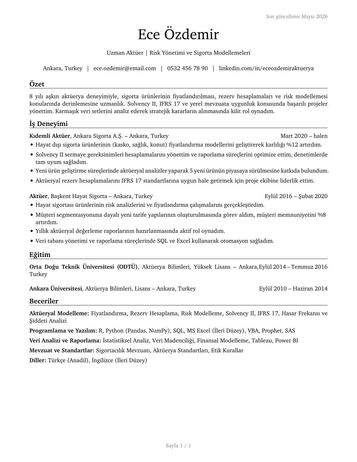 Actuaries CV in Turkish — page 1