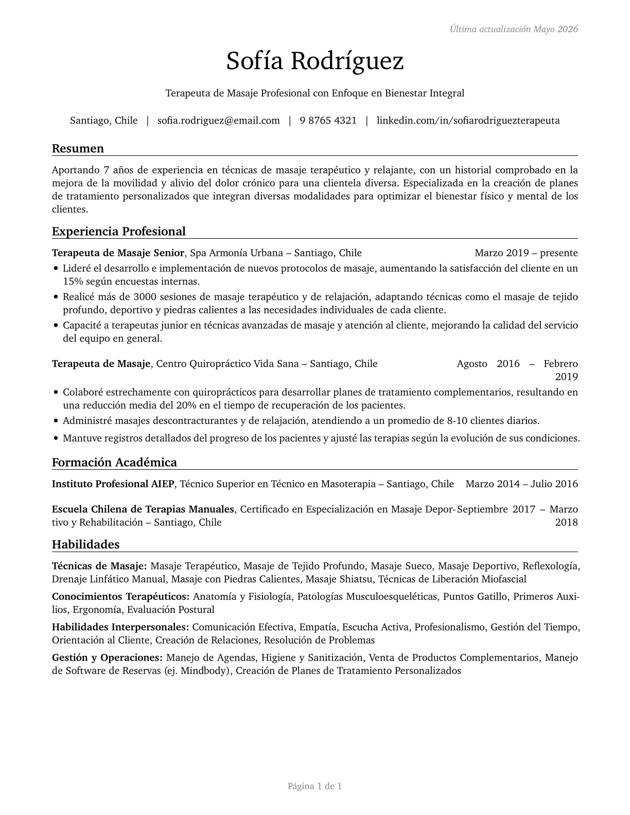 Massage Therapists CV in Spanish — page 1