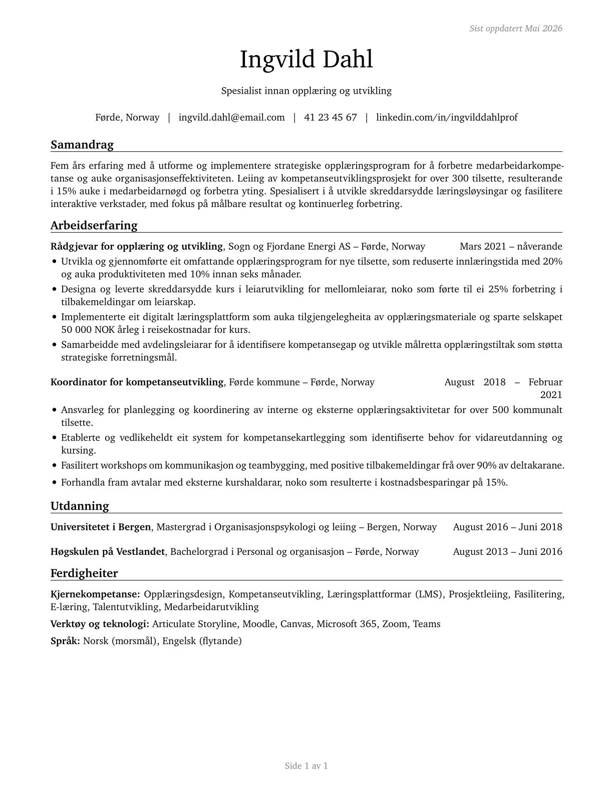 Training and Development Specialists CV in Norwegian_nynorsk — page 1