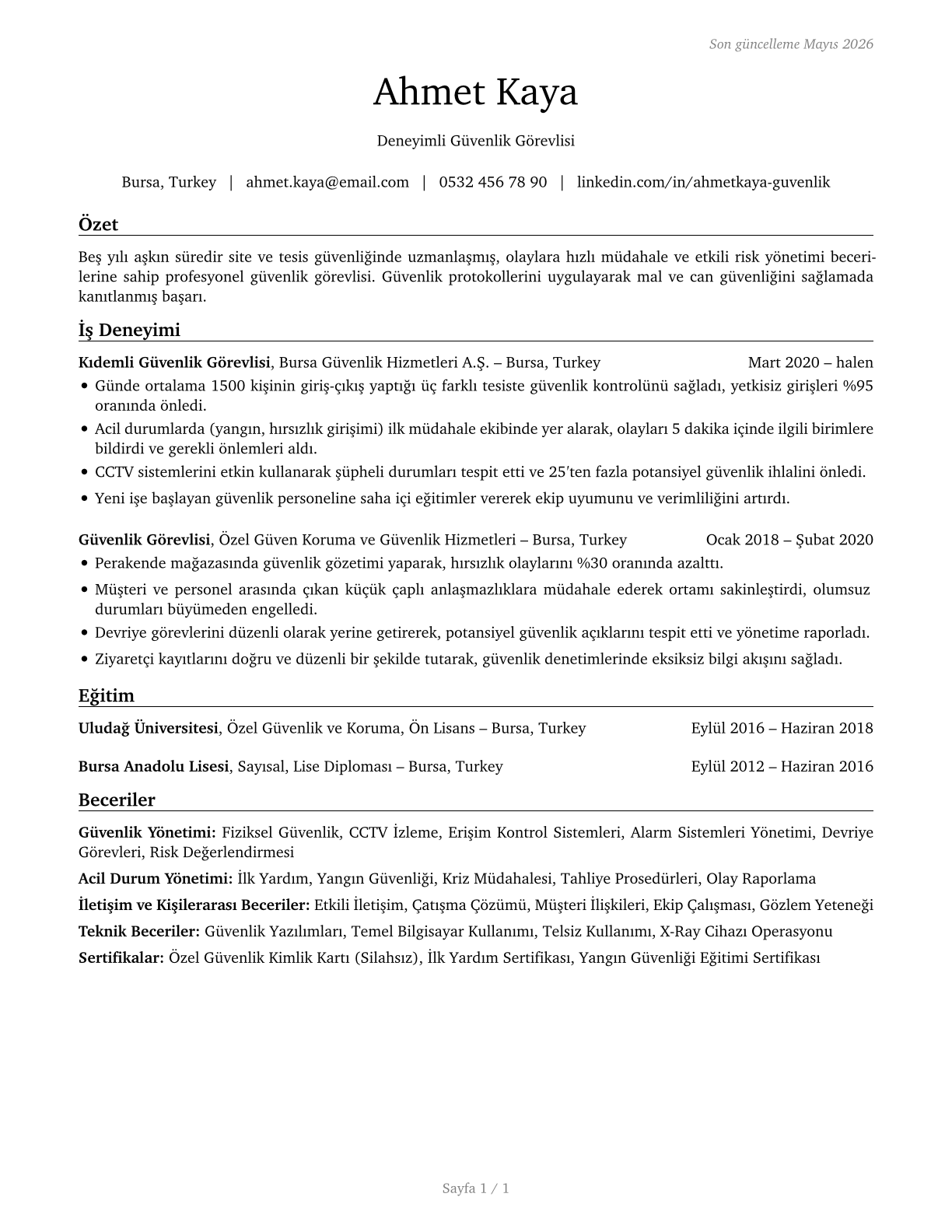 Security Guards CV in Turkish — page 1