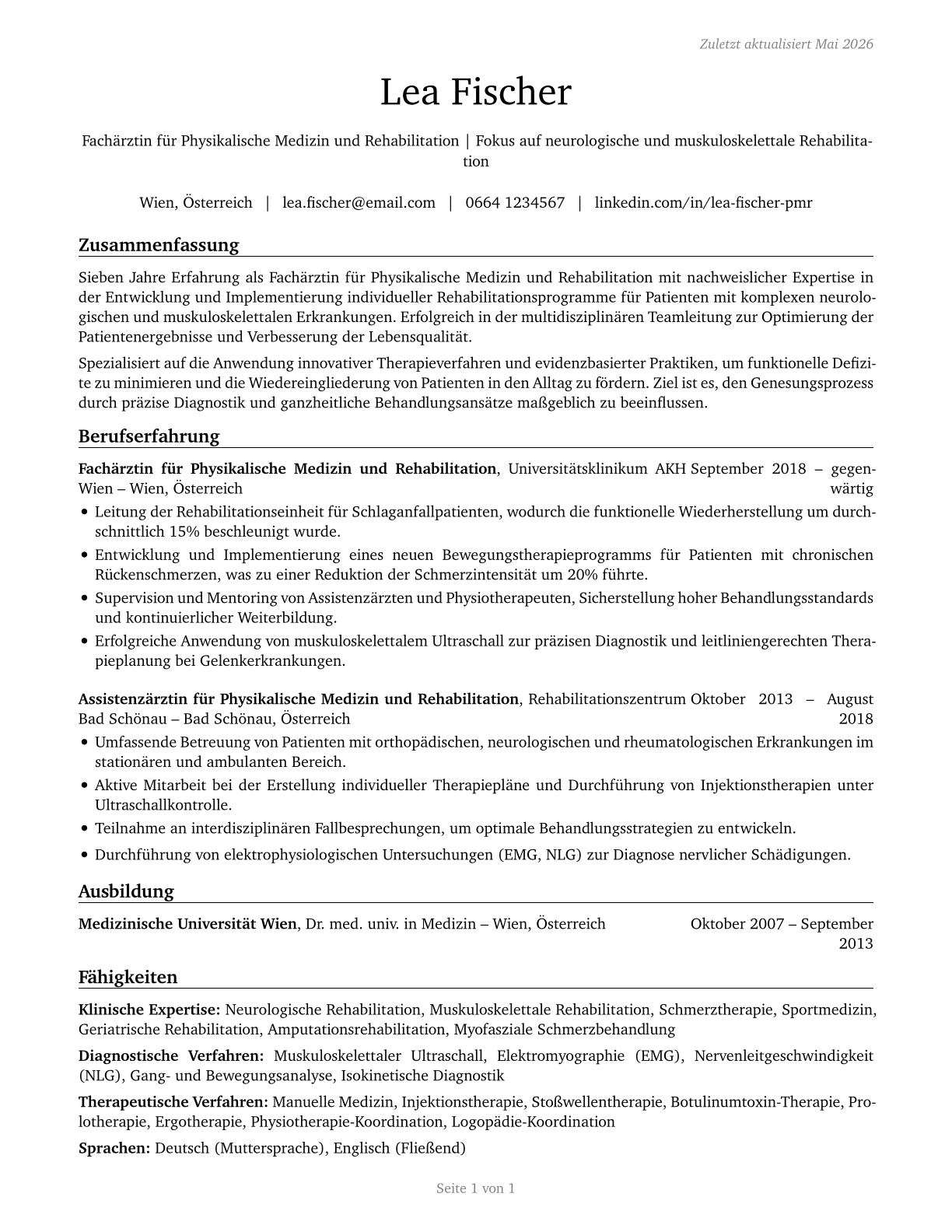 Physical Medicine and Rehabilitation Physicians CV in German — page 1