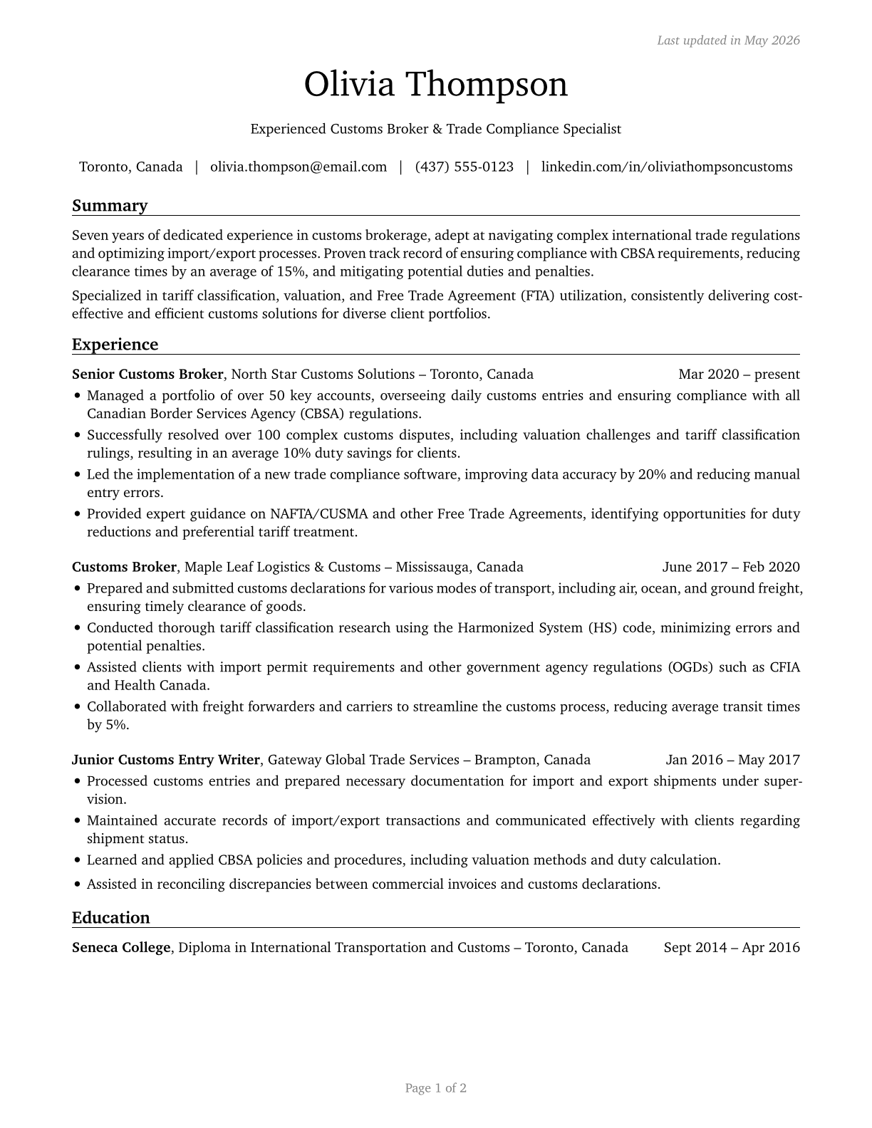 Customs Brokers CV in English — page 1