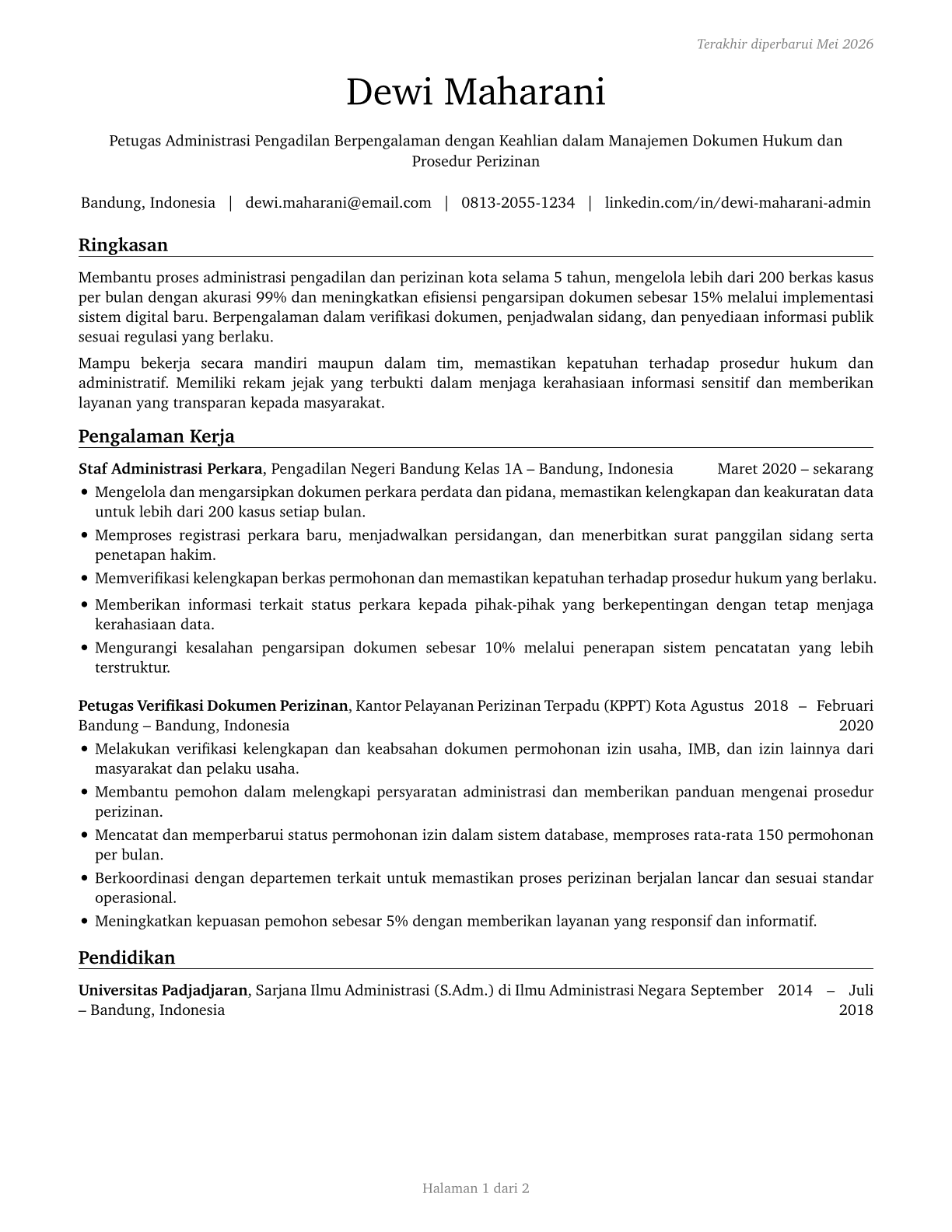Court, Municipal, and License Clerks CV in Indonesian — page 1